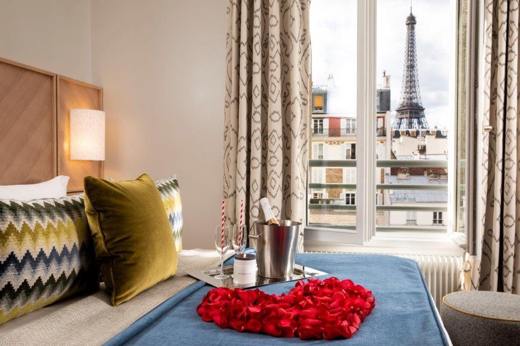 Hotel room with Eiffel Tower view
